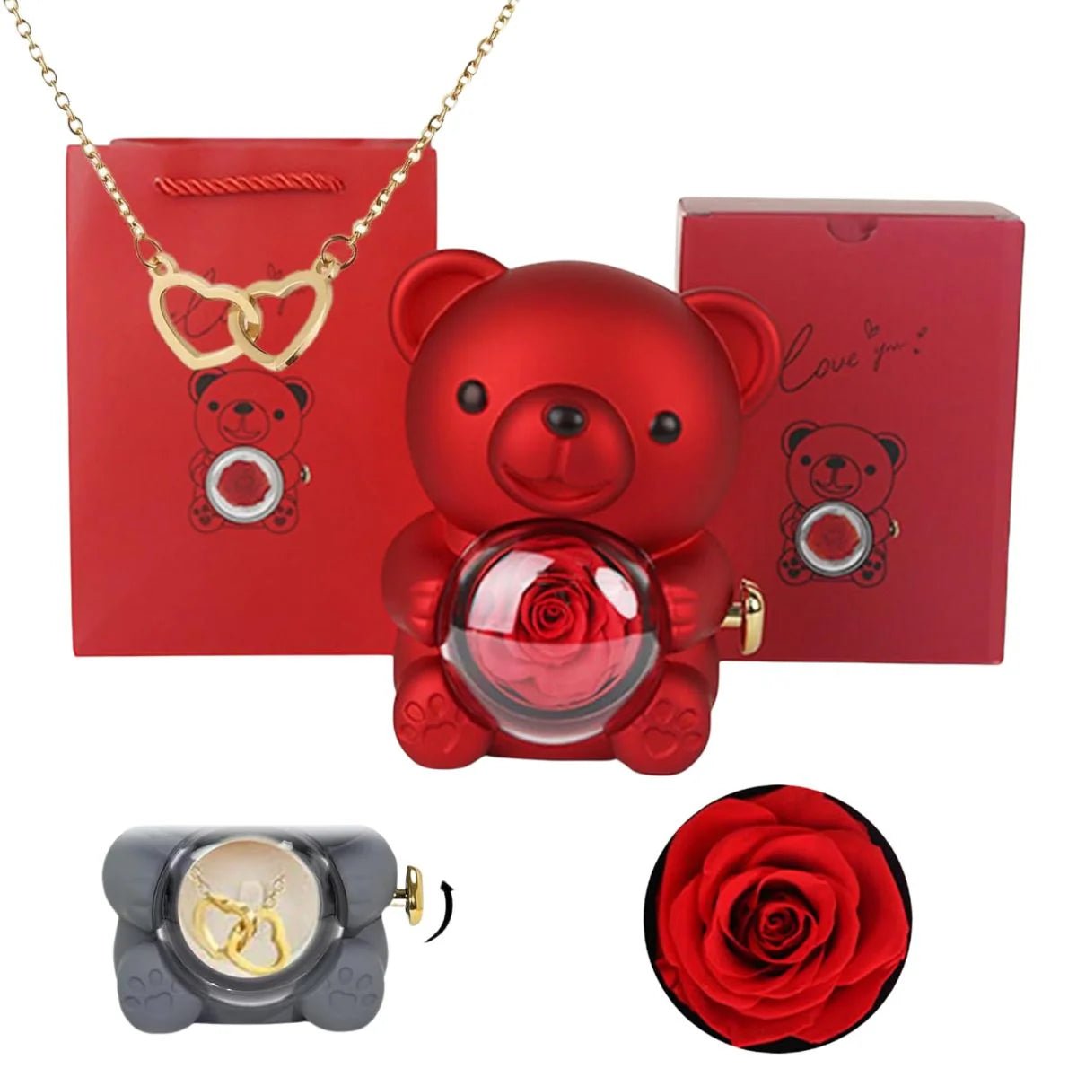 Rose Bear Box With Engraved Necklace
