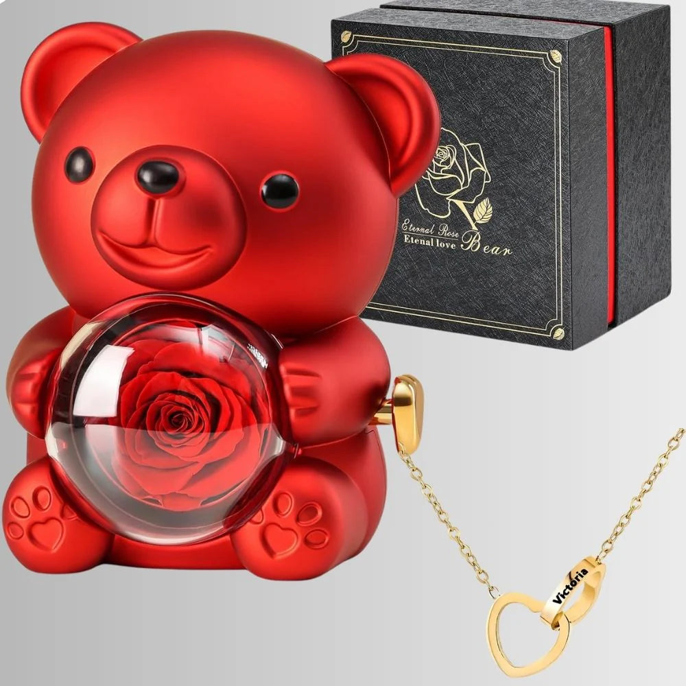 Rose Bear Box With Engraved Necklace